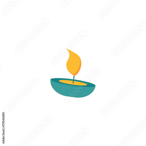 a white cylindrical candle with an orange-yellow flame on top and a red wick, standing on a light blue circular base or plate.