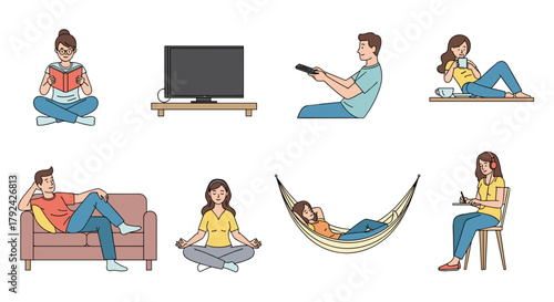 People relaxing at home with diverse activities and hobbies, modern lifestyle fun
