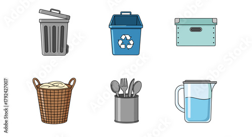 Organization solutions with recycle bin, trash can, basket, box, and household containers