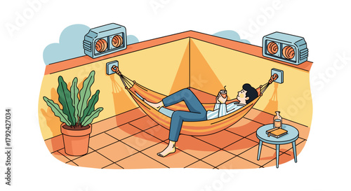 Man relaxing in hammock with drink, enjoying restful afternoon escape, carefree leisure