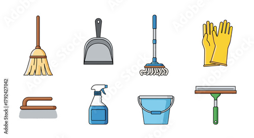 Complete cleaning supplies for home or commercial use, vector graphics convenience