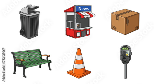 Urban elements collection for city design, includes bench, newsstand, and traffic cone