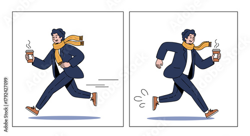 Rushing Businessman with Coffee Late for Work, Dynamic Speed, Modern Professional Lifestyle