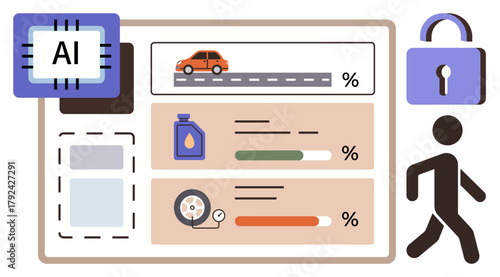 AI chip, vehicle on road, maintenance gauges, security lock, human figure. Ideal for AI solutions, autonomous driving, vehicle diagnostics, security data visualization technology apps simple