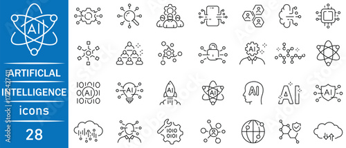 Set of Ai-artificial intelligence icon set. Internet and network line icons. Vector illustration in modern thin line style icons of AI technology. Neural Network. Vector illustration.