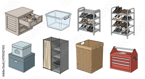 Organize home space with storage solutions for shoes, clothing, tools and accessories