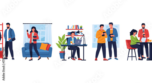 Diverse team working remotely, collaborating, connecting in modern digital workspace