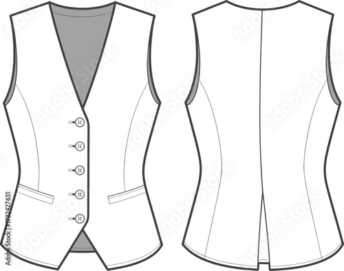 Tailored sleeveless vest CAD drawing, front and back flat fashion vector template, button closure, fitted waistcoat design, apparel technical illustration