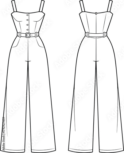 Technical CAD drawing flat fashion vector illustration of women sleeveless belted wide leg jumpsuit front and back view with button front and pockets template