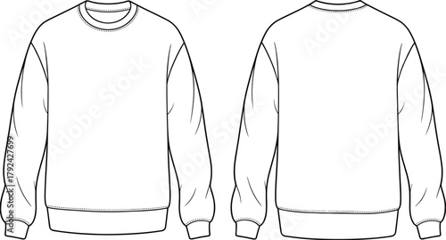 Sweatshirt front and back technical fashion flat sketch, cad drawing vector illustration