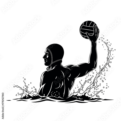 Water polo player silhouette throwing ball in water splash