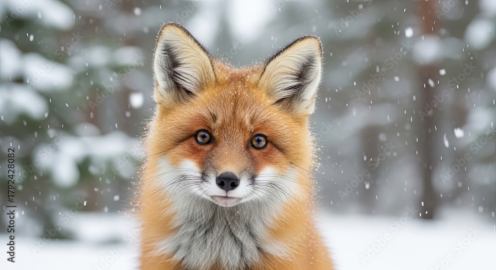 Fototapeta premium Red fox looking at the camera with snow falling in winter forest 