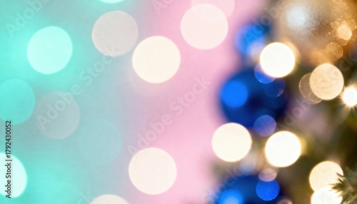 Abstract festive background with a colorful bokeh effect. Blurred Christmas lights and decorations in blue, gold, and pink. Holiday celebration concept with copy space