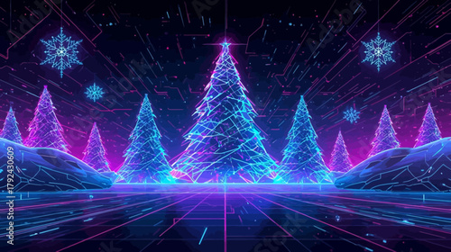 A vibrant, high-tech Christmas scene featuring glowing neon-outlined Christmas trees and crystalline snowflakes against a dark, futuristic background with digital circuit lines.