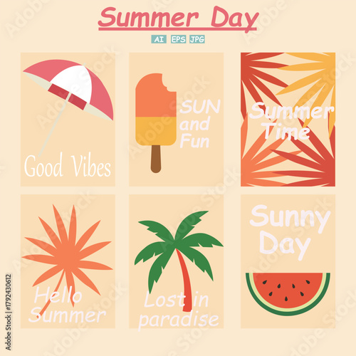 Summer day at the beach with palm trees, watermelon, and ice cream for a fun and relaxing vacation .A set of vintage summer day Poster design 