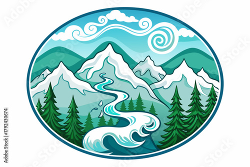 vector illustration cartoon mountain landscape with snowy peaks and pine trees, isolated on pure white background