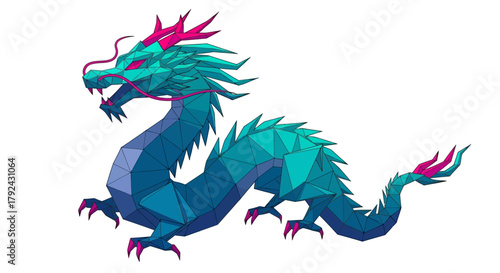 A fierce blue and magenta Chinese dragon created with a modern geometric low-poly style.