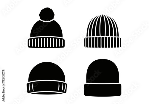 flat solid black beanie icons set