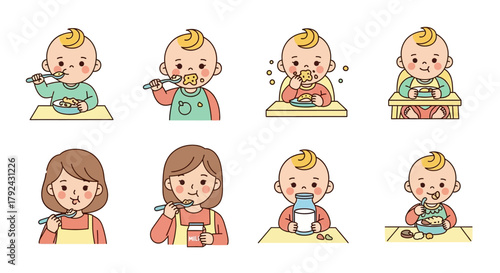 Illustrations showing various stages of baby feeding, including babies eating with spoons, pacifiers, in high chairs, and being fed by mothers.