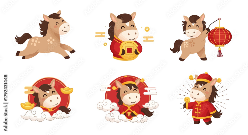Fototapeta premium Cute cartoon horse character in various poses celebrating Chinese New Year, holding traditional symbols like lanterns and golden coins.