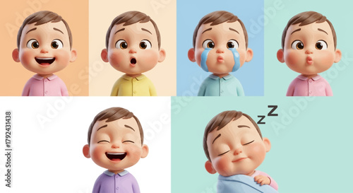 A collection of a cute 3D cartoon baby's facial expressions showing various emotions like happiness, sadness, surprise, and sleepiness.