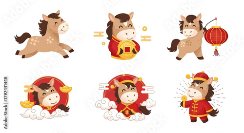 Cute cartoon horse character in various poses celebrating Chinese New Year, holding traditional symbols like lanterns and golden coins.