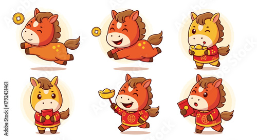 A collection of six adorable cartoon horses in various festive poses, some holding gold coins and ingots, celebrating prosperity and good fortune.