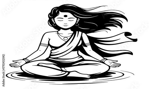 Indian Woman Meditating in Lotus Pose, Peaceful Black and White Engraving Style Illustration, Yoga, Spirituality, Inner Peace, and Wellness Concepts