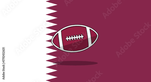 
Qatar flag with white serrated band and classic black white soccer ball centered clean flat vector illustration high detail
