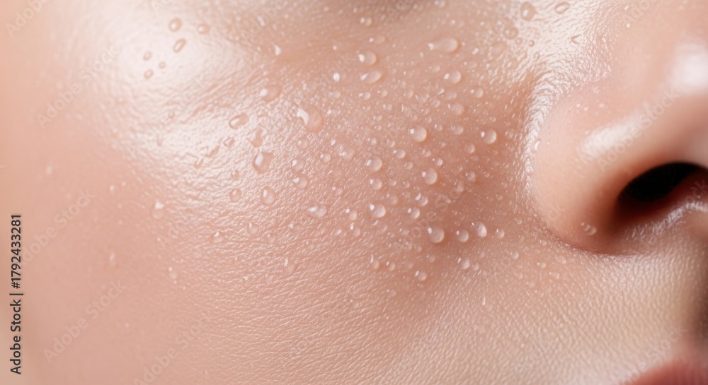 Fototapeta premium Close up of human skin with water droplets, sweat, and pores.