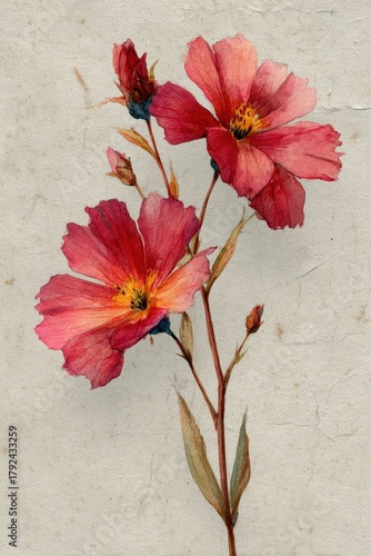 Vintage watercolor floral illustration on textured paper – hand-painted red and pink blossom stem with delicate petals, botanical art print for decor and design