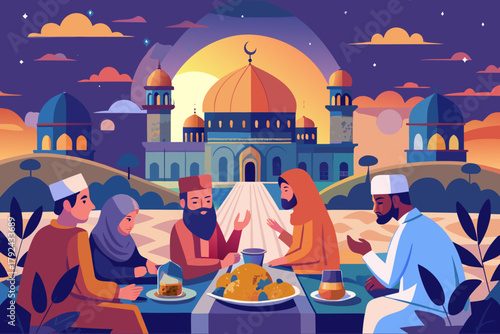 “Muslim Family Gathering for Iftar Meal During Ramadan near Mosque at Sunset slamic Culture and Community Celebration Vector Illustration”