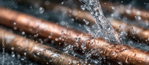 Water cascading over copper pipes, creating a dynamic and refreshing visual.