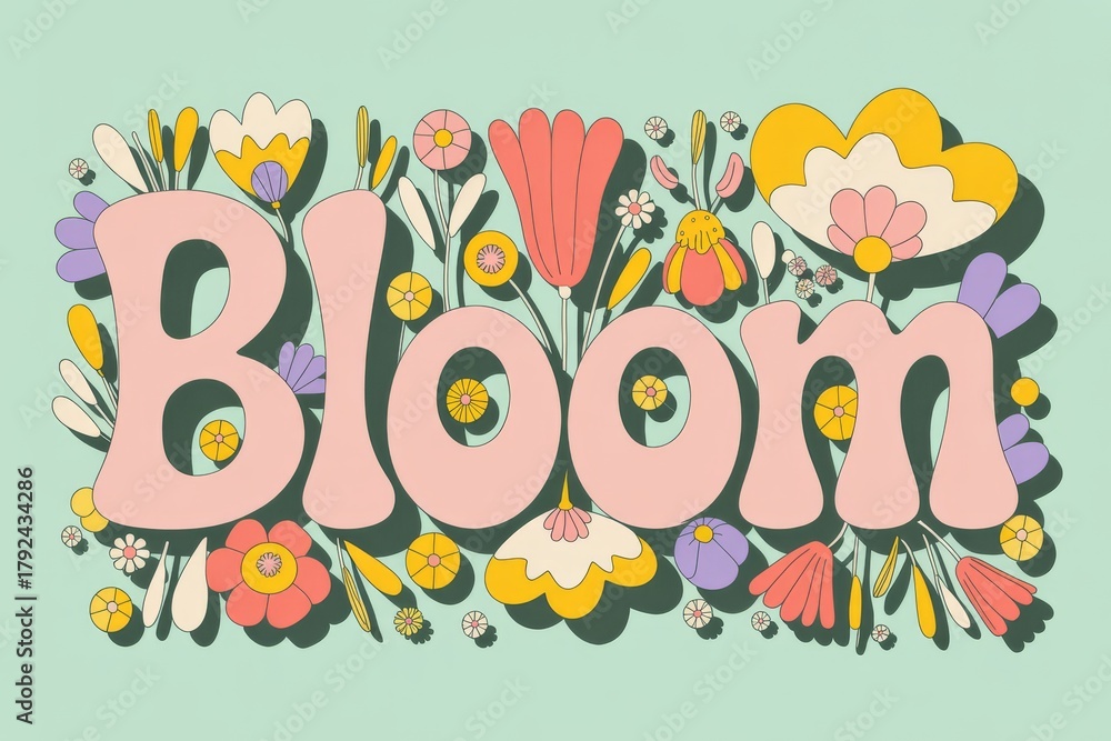 Fototapeta premium Groovy retro bloom lettering with flowers