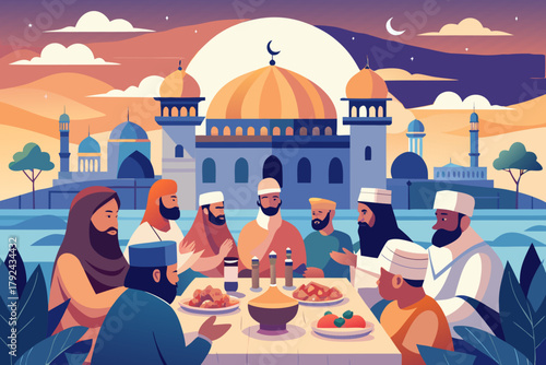 “Muslim Family Gathering for Iftar Meal During Ramadan near Mosque at Sunset slamic Culture and Community Celebration Vector Illustration”