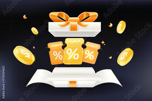 3D golden coupon, coin and white opened gift box with gold ribbon box. sale, discount, cashback, or promo banner design. reward and voucher marketing