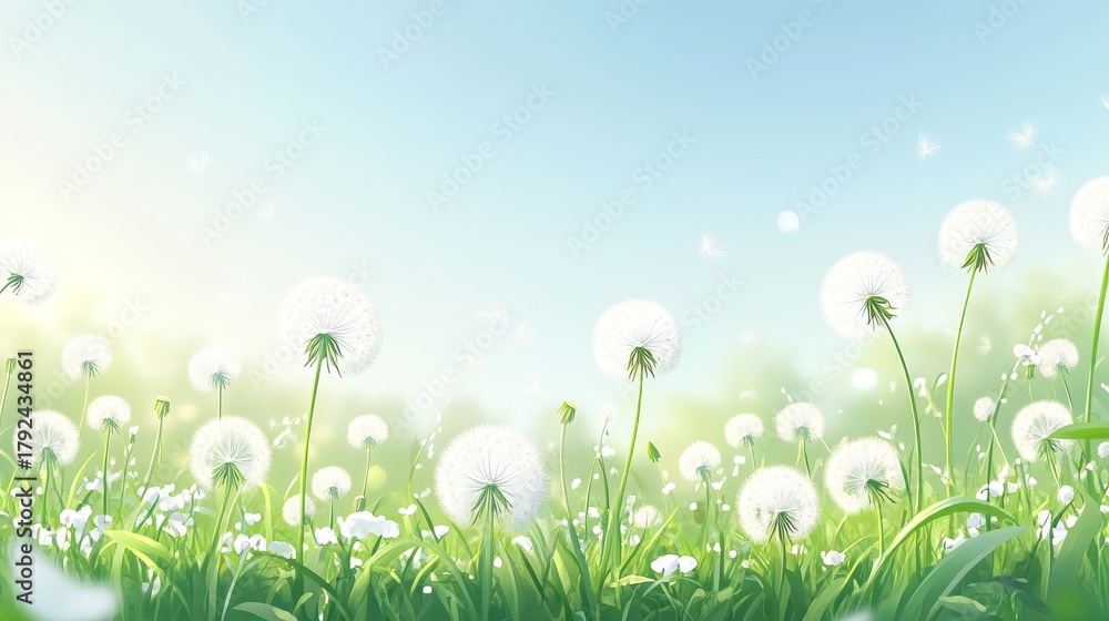 Obraz premium 60.A vibrant spring meadow filled with delicate white dandelion heads swaying gently, their seeds catching the sunlight against a lush green field and a clear blue sky.