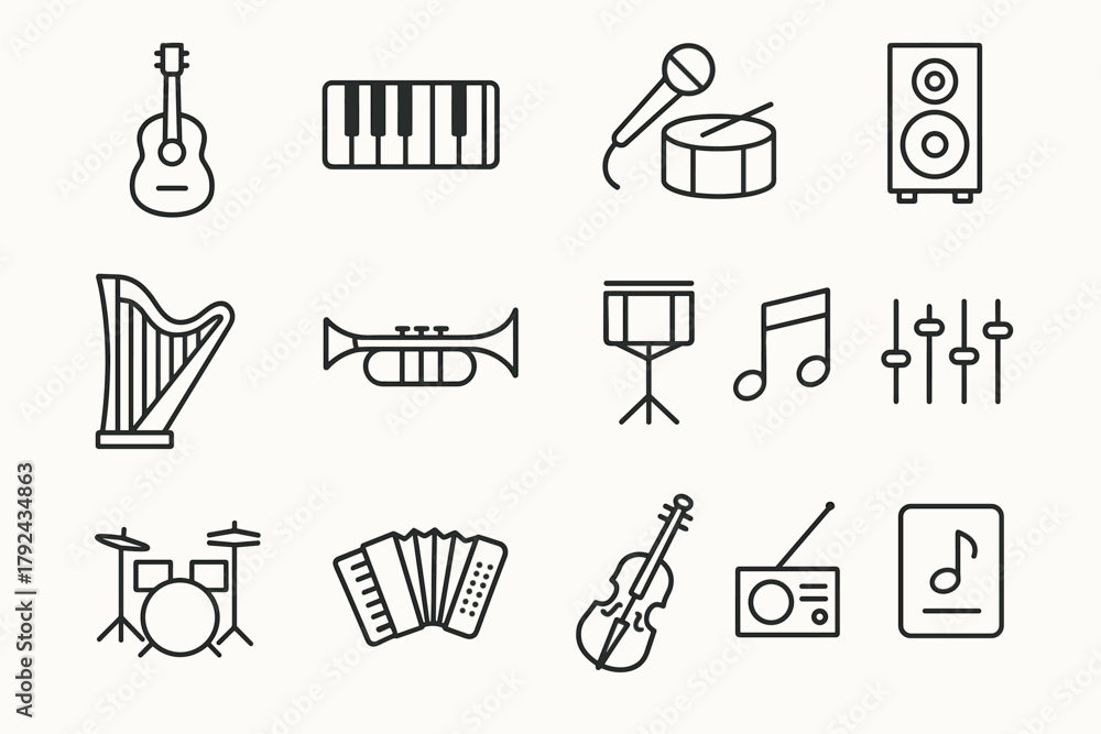 Fototapeta premium Musical instruments icons set linear style for creative music projects