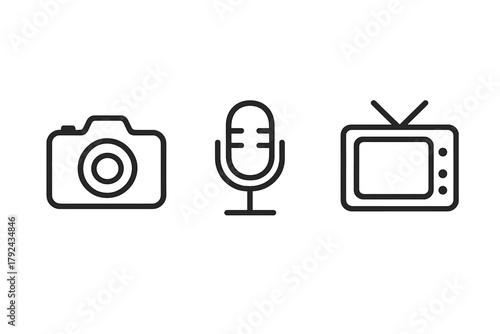 Linear icons of camera, microphone, and television on metallic background