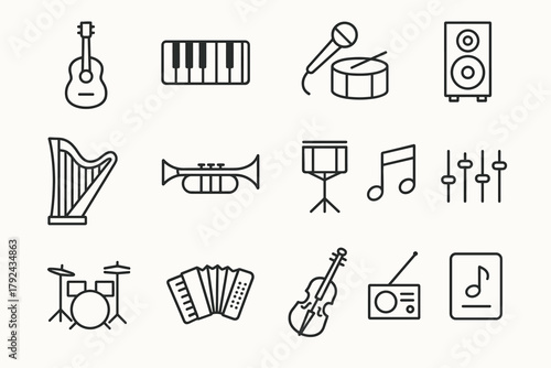 Musical instruments icons set linear style for creative music projects