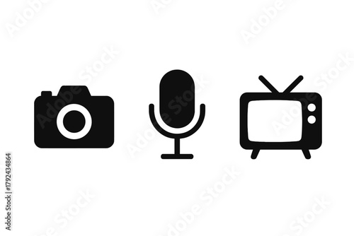Minimal media icons on dark background camera, microphone, television silhouettes