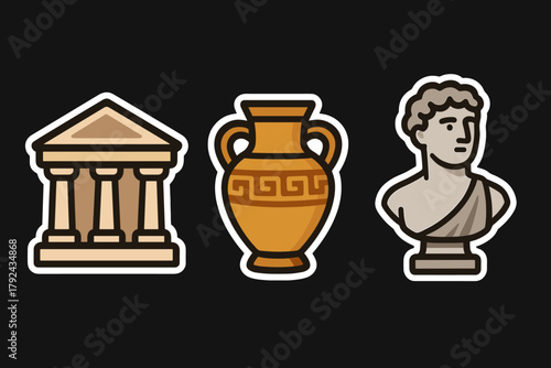 Ancient greek artifacts sticker set temple, vase, and bust on black