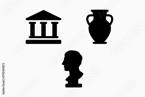 Ancient greek icons pillar temple, amphora vase, and classical bust silhouettes