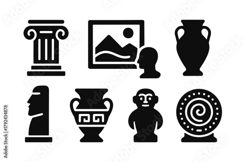 Ancient art icons classical sculptures, vases, and columns in bold silhouette style