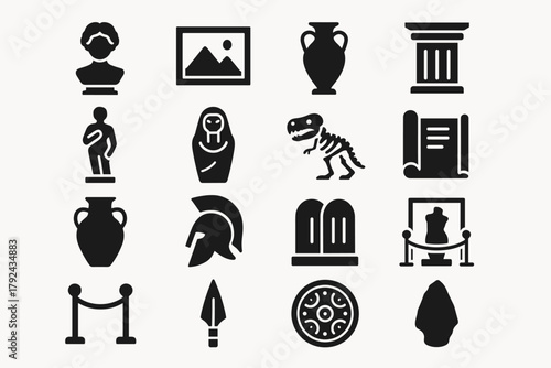 Ancient history icons archeological symbols in modern silhouette style