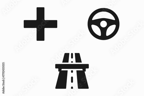 Minimalist road symbols cross, steering wheel, highway pictograms