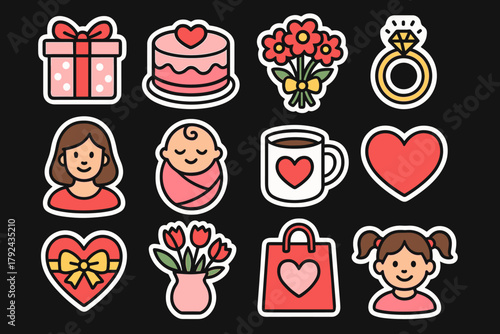 Cute romantic stickers set with gifts flowers and hearts on dark background