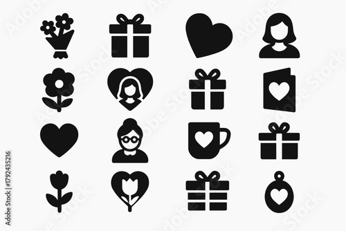 Romantic silhouette icons gifts, hearts, and flowers for celebrations and love