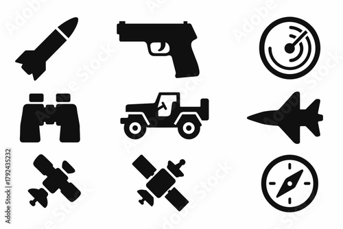 Military silhouette icons set featuring weapons, vehicles, and navigation tools