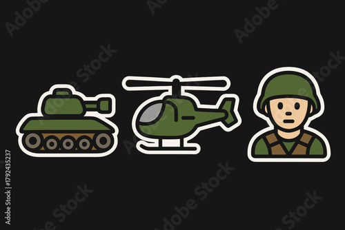 Military equipment and soldier cartoon icons in green on black background